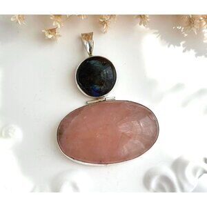 Rose Quartz & Labradorite Semi-Precious Gemstone Sterling 925 Vintage Pendant